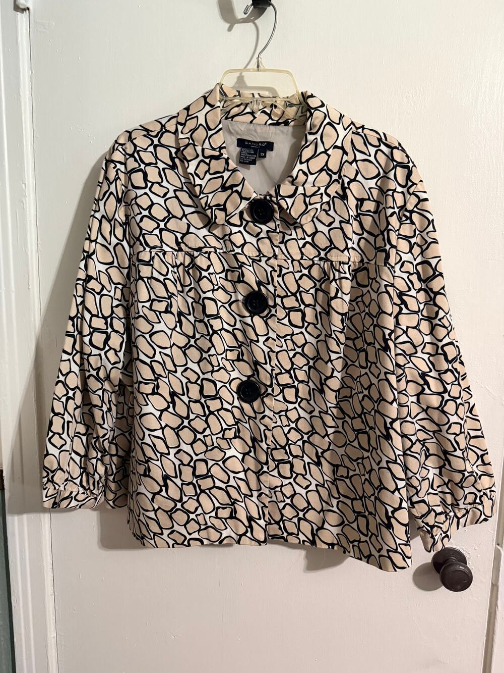 Sandro Sportswear 2X Abstract Print Stretch Cotton Jacket Beige Black Lined